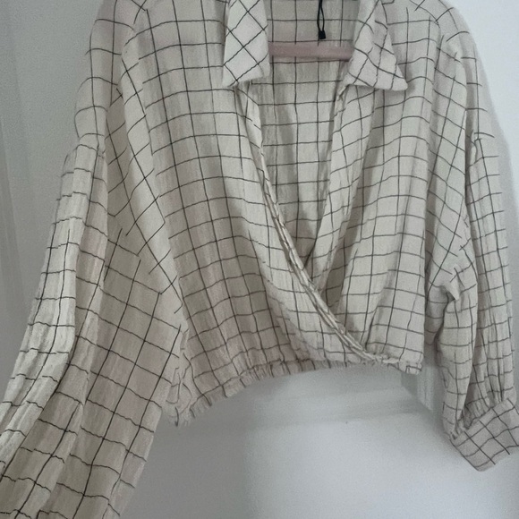Zara Plaid Cropped Wrap Collar Top Size Large - Picture 7 of 14